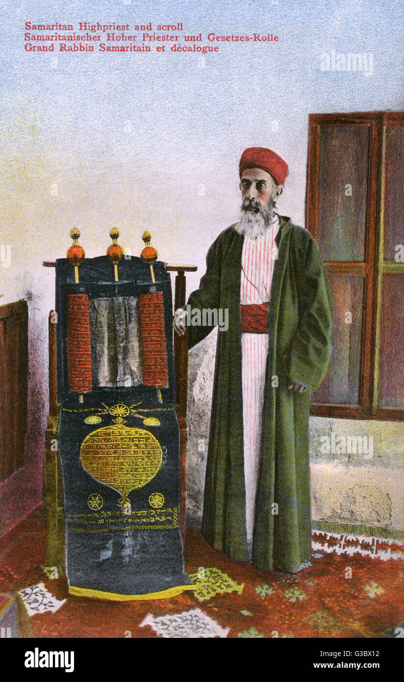 Samaritan High Priest and the Old Abisha Pentateuch. The Samaritan Pentateuch, sometimes called Samaritan Torah is a version of the Hebrew language Pentateuch, the first five books of the Bible, traditionally written in the Samaritan alphabet and used by Stock Photo