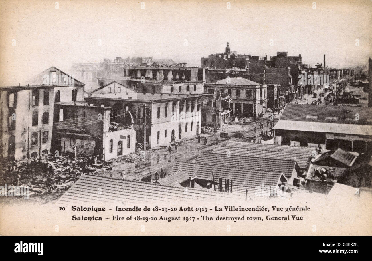 The Great Fire that raged between 18th-20th August 1917 at Thessaloniki, Greece. In 72 hours, 9500 houses were destroyed which left more than 70000 people homeless. A consequence of the fire saw close to half the city's Jewish population, their homes and Stock Photo