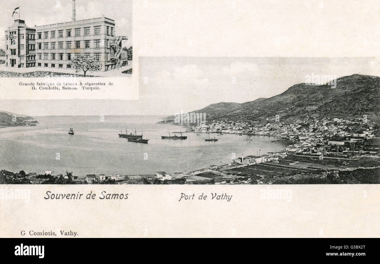 Samos, Greece - Port of Vathy - Tobacco Factory inset image Stock Photo