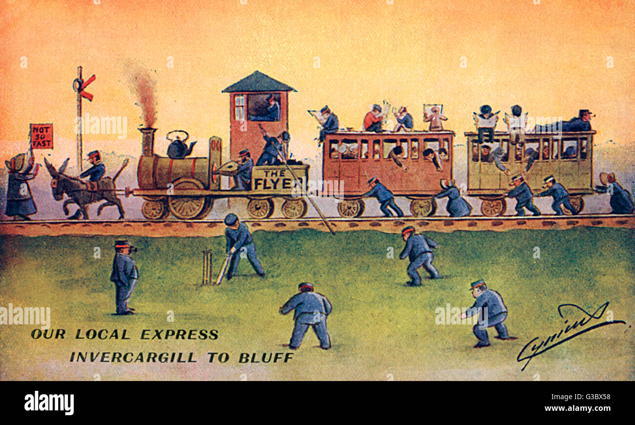 Comic postcard by Cynicus, Our local express, Invercargill to Bluff, a railway line in Southland, New Zealand, which opened in 1867.  The cartoon satirises the slowness of the journey, giving the railway staff time for a game of cricket as the train saunt Stock Photo