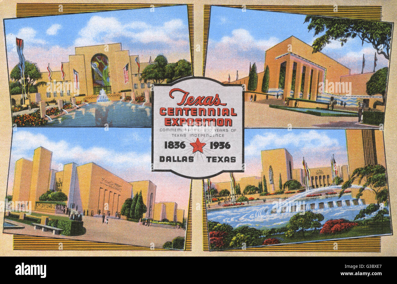 Centennial Exposition at Dallas, Texas, USA, commemorating 100 years of Texas independence, 1836-1936,  Showing four of the buildings in which exhibits were shown.      Date: 1936 Stock Photo