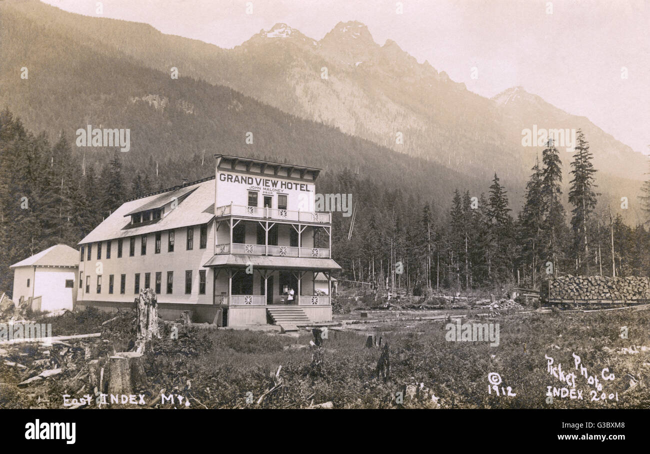 View of Index, Snohomish County, Washington, USA, showing the Grand View Hotel run by John Maloney, Proprietor.      Date: 1912 Stock Photo