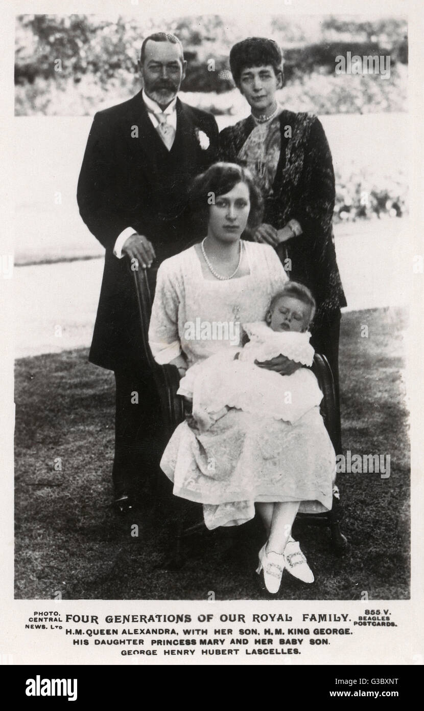 Queen Alexandra (1844-1925) with her son King George V (1865-1936) and his daughter Princess Mary, Princess Royal and Countess of Harewood (1897-1965) (seated) holding her baby son George Henry Hubert Lascelles, 7th Earl of Harewood (1923-2011)      Date: Stock Photo