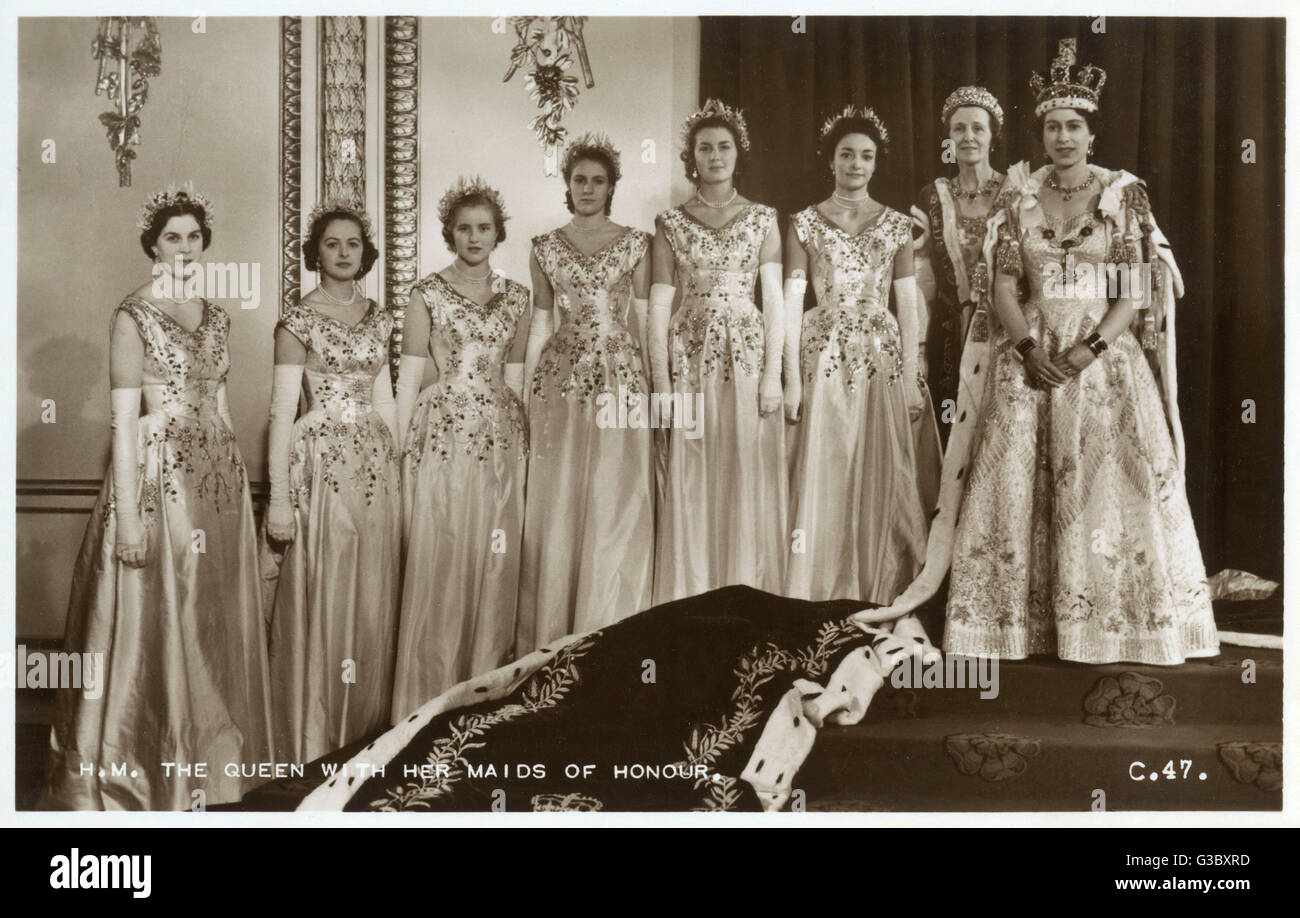 The Coronation of Queen Elizabeth II on 2nd June, 1953 - Her Maids of Honour (from left to right): Lady Moyra Campbell (age 22, daughter of the 4th Duke of Abercorn), Lady Jane Vane-Tempest-Stewart (age 20, daughter the 8th Marquess of Londonderry), Lady Stock Photo