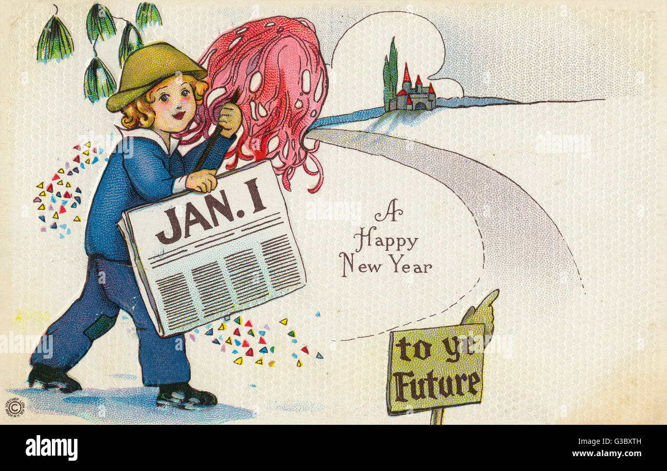 American New Years Card - Young boy striding into the future Stock Photo