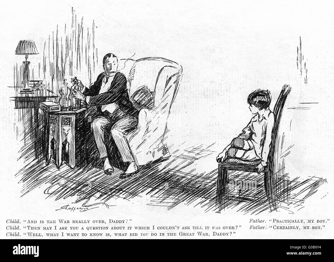 Cartoon, What did you do in the Great War, Daddy? WW1 Stock Photo - Alamy