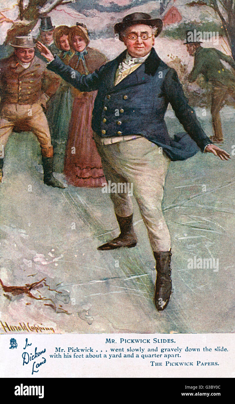 Mr Pickwick slides on the Ice - The Pickwick Papers Stock Photo