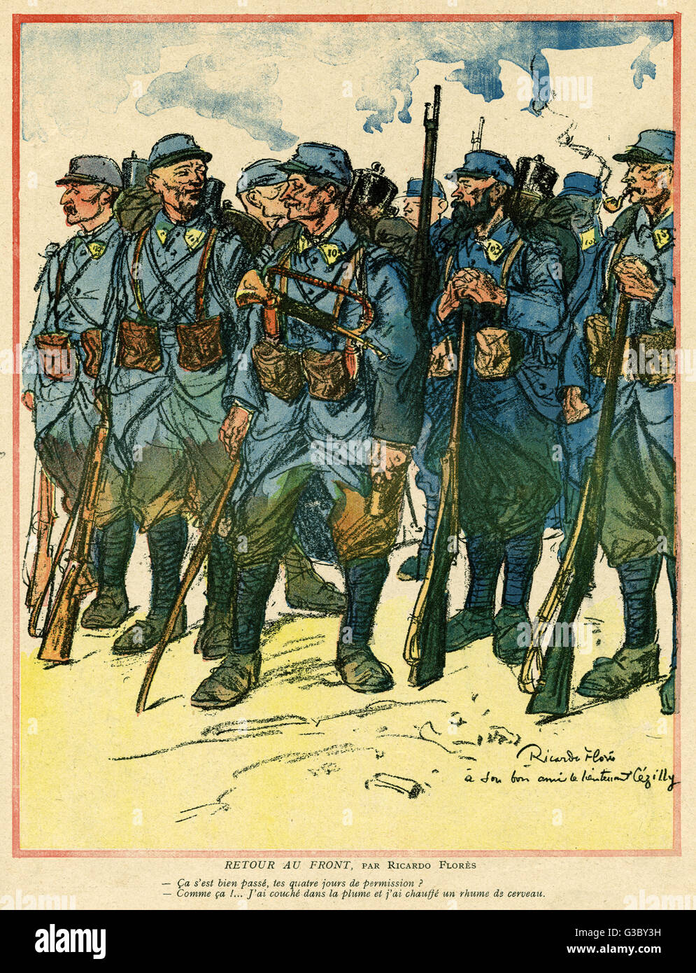 Cartoon, Return to the Front, showing a group of French soldiers sharing  stories about how they spent their four days of leave. Date: 1915 Stock  Photo - Alamy