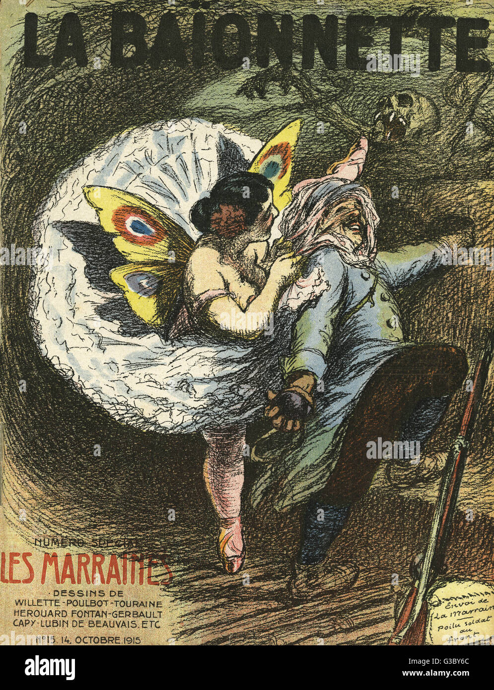 Front cover of La Baionnette, an issue focusing on godmothers (women assigned to soldiers during the war), showing a rather plump ballet dancer in fairy costume standing by a soldier in a trench.      Date: 1915 Stock Photo
