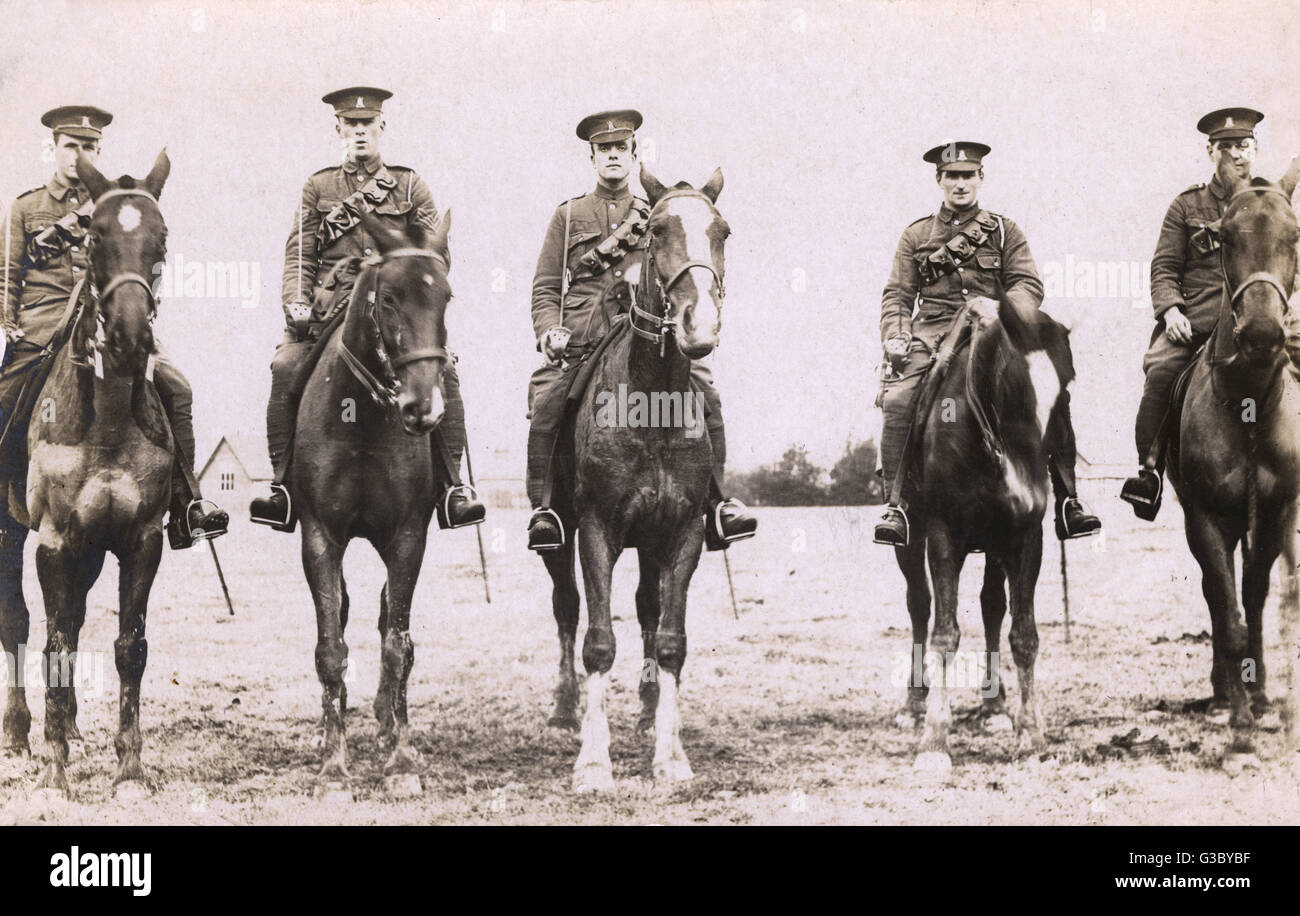 Five men of the Carabiniers, or 6th Dragoon Guards, a British cavalry regiment, on horseback.      Date: circa 1916 Stock Photo