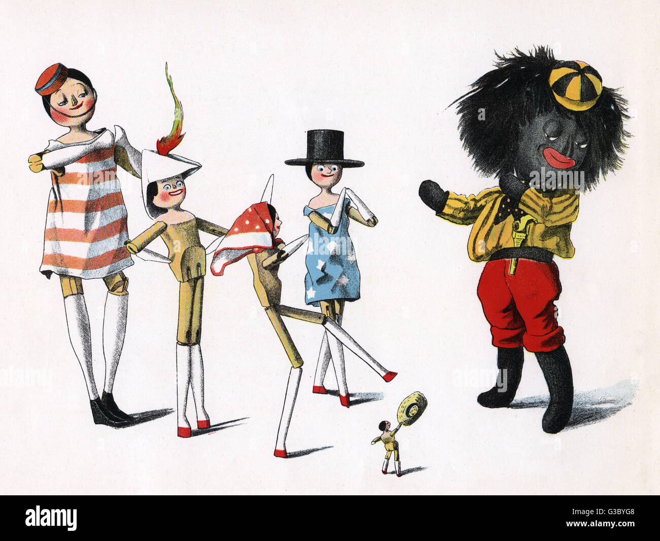 Admiration all round of the cycling outfits chosen by Golliwogg and friends. The book charts Golliwogg's adventures with his dutch peg doll friends Peggy, Weg, Meg, Sarah Jane and the dinky little Midget. This is the 2nd title in a 13-book series of Golli Stock Photo