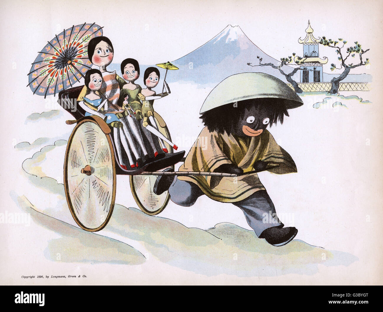 Golliwogg pulls the peg dolls in a rickshaw. The book charts Golliwogg's adventures with his dutch peg doll friends Peggy, Weg, Meg, Sarah Jane and the dinky little Midget. This is the 2nd title in a 13-book series of Golliwogg books written by mother Ber Stock Photo