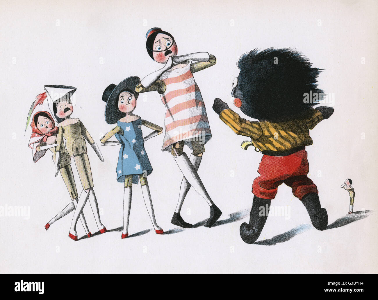 Golliwogg tells the peg dolls scare stories of Turks. The book charts Golliwogg's adventures with his dutch peg doll friends Peggy, Weg, Meg, Sarah Jane and the dinky little Midget. This is the 2nd title in a 13-book series of Golliwogg books written by m Stock Photo