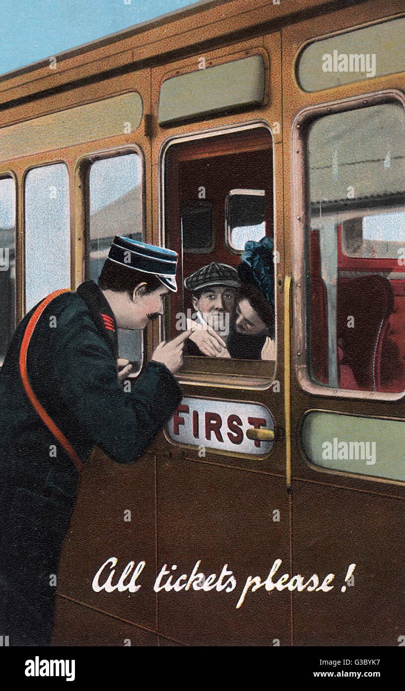 All Tickets Please Conductor interrupts a Romantic Moment Stock Photo