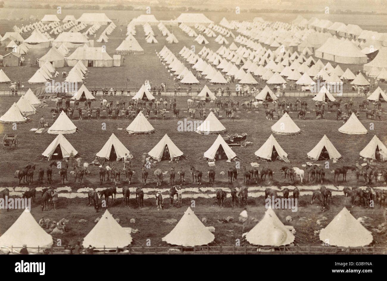 Mounted troops in camp, with rows of tents.      Date: circa 1910 Stock Photo