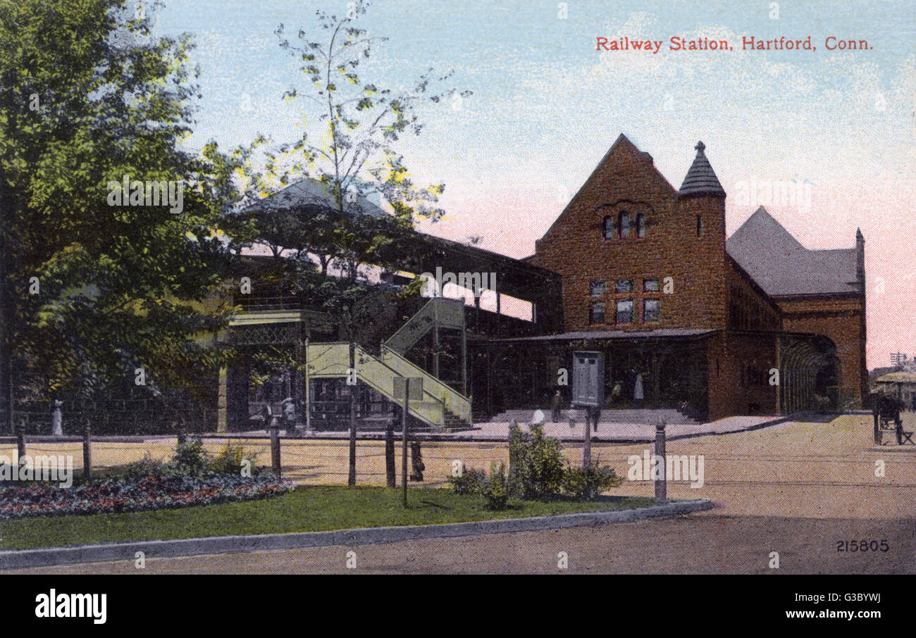 View of the railway station, Hartford, Connecticut, USA. Date circa