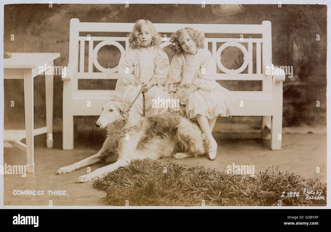 Two girls on bench with large dog Stock Photo