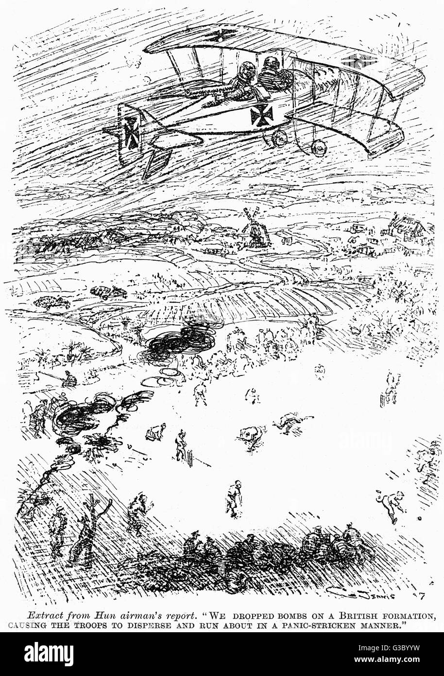 Cartoon, Dropping bombs on cricket match, WW1 Stock Photo
