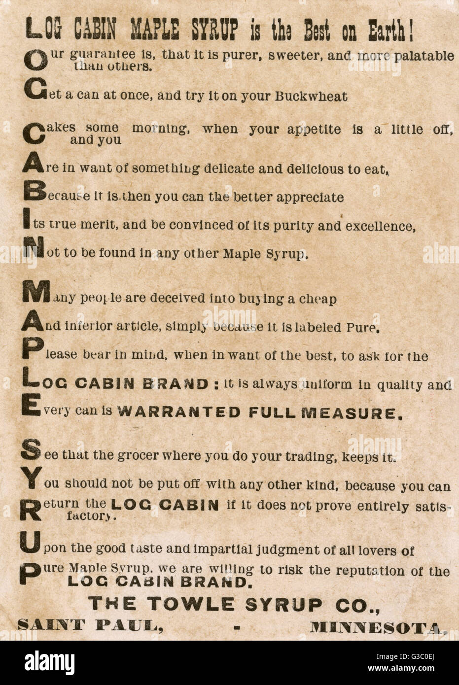 Advertisement On A Trade Card For Log Cabin Maple Syrup Produced
