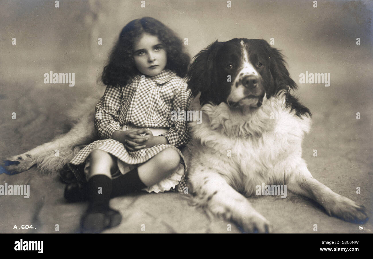 Studio portrait of little girl and large dog Stock Photo