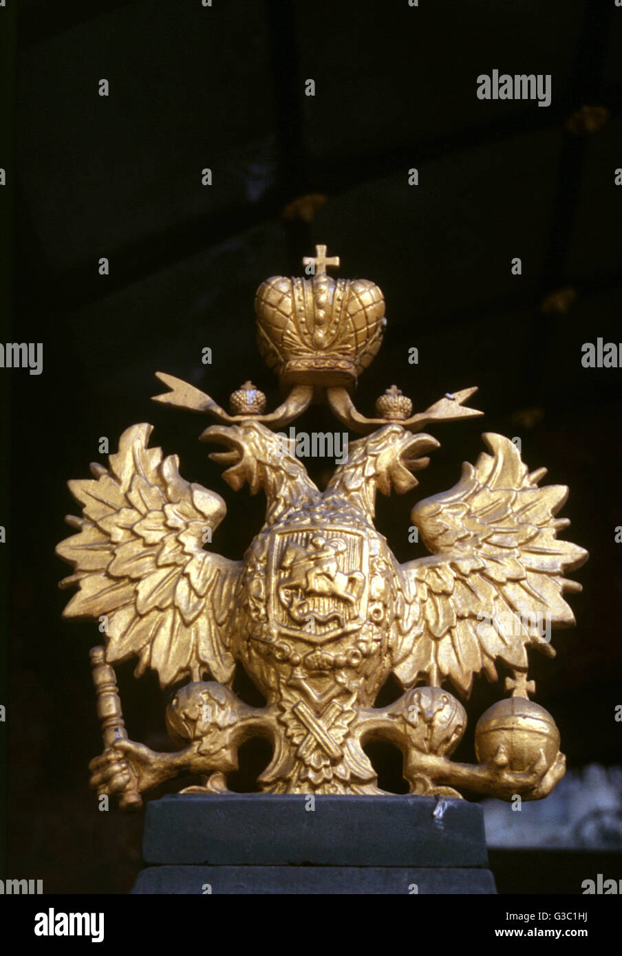 Romanov insignia, Peter the Great's cabin, St Petersburg Stock Photo