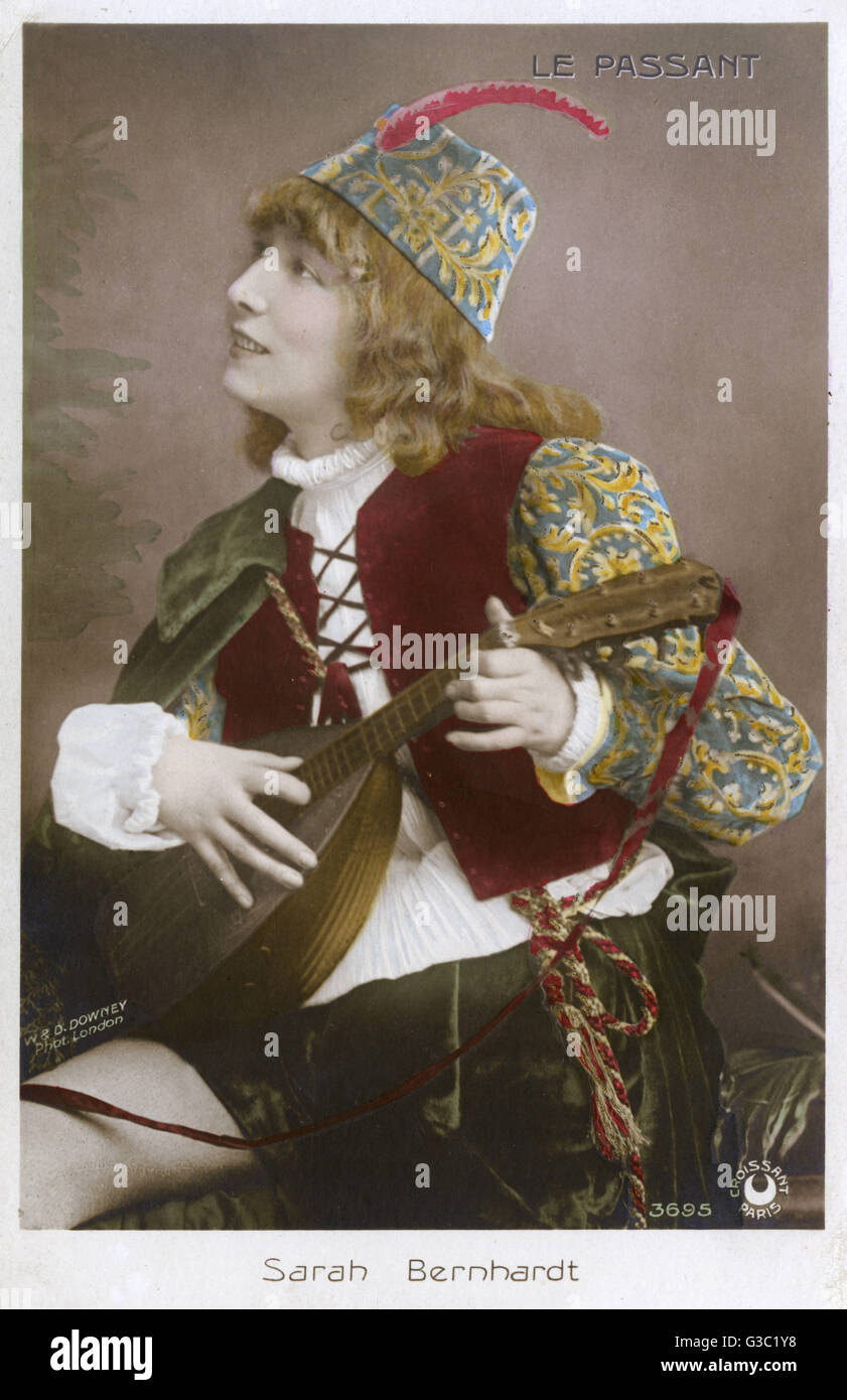Sarah Bernhardt (1844-1923) in 'Le Passant' (play by Coppee) - playing a Lute.     Date: circa 1895 Stock Photo
