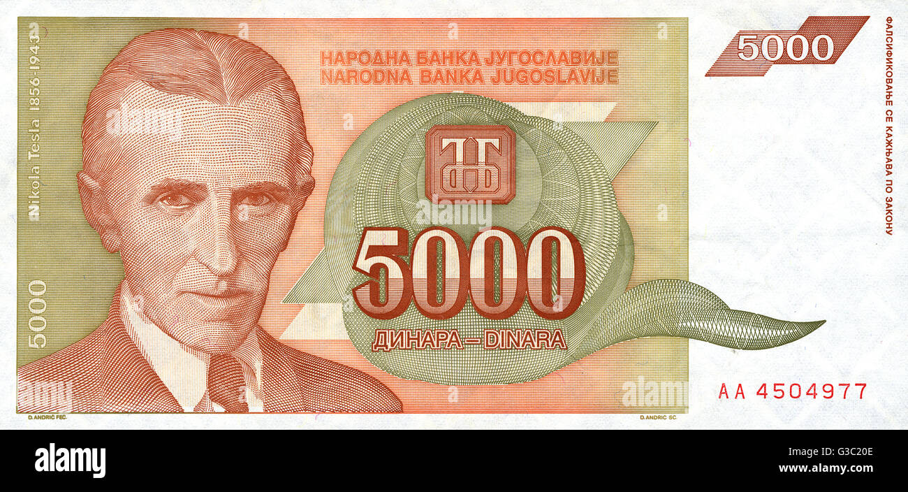 Federal Republic of Yugoslavia - Banknote - 5000 Dinar Stock Photo