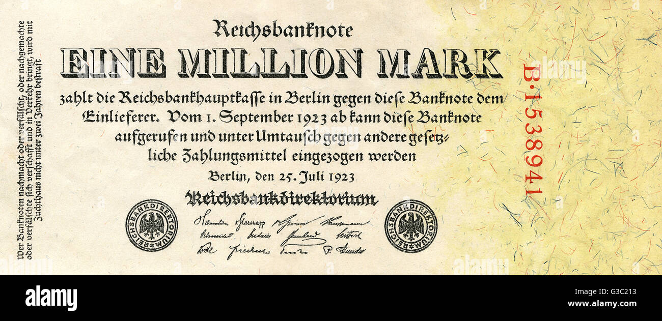 One Million German Mark banknote - 1923 - testament to the hyperinflation experienced by the Weimar Republic in the early 1920s.     Date: 1923 Stock Photo