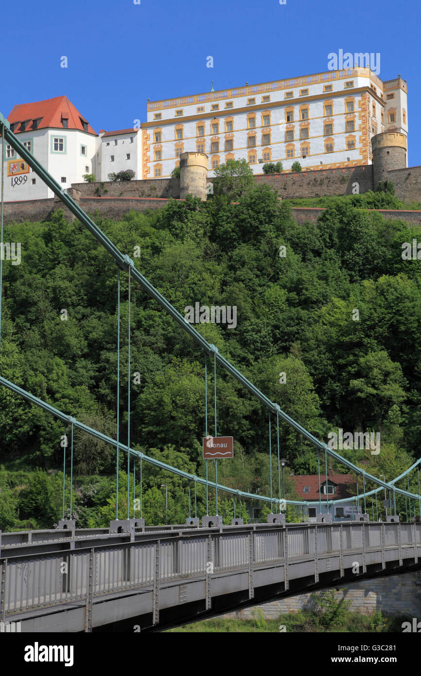Germany, Bavaria, Passau, Oberhaus Fortress, Prinzregent Luitpold Bridge, Danube River, Stock Photo