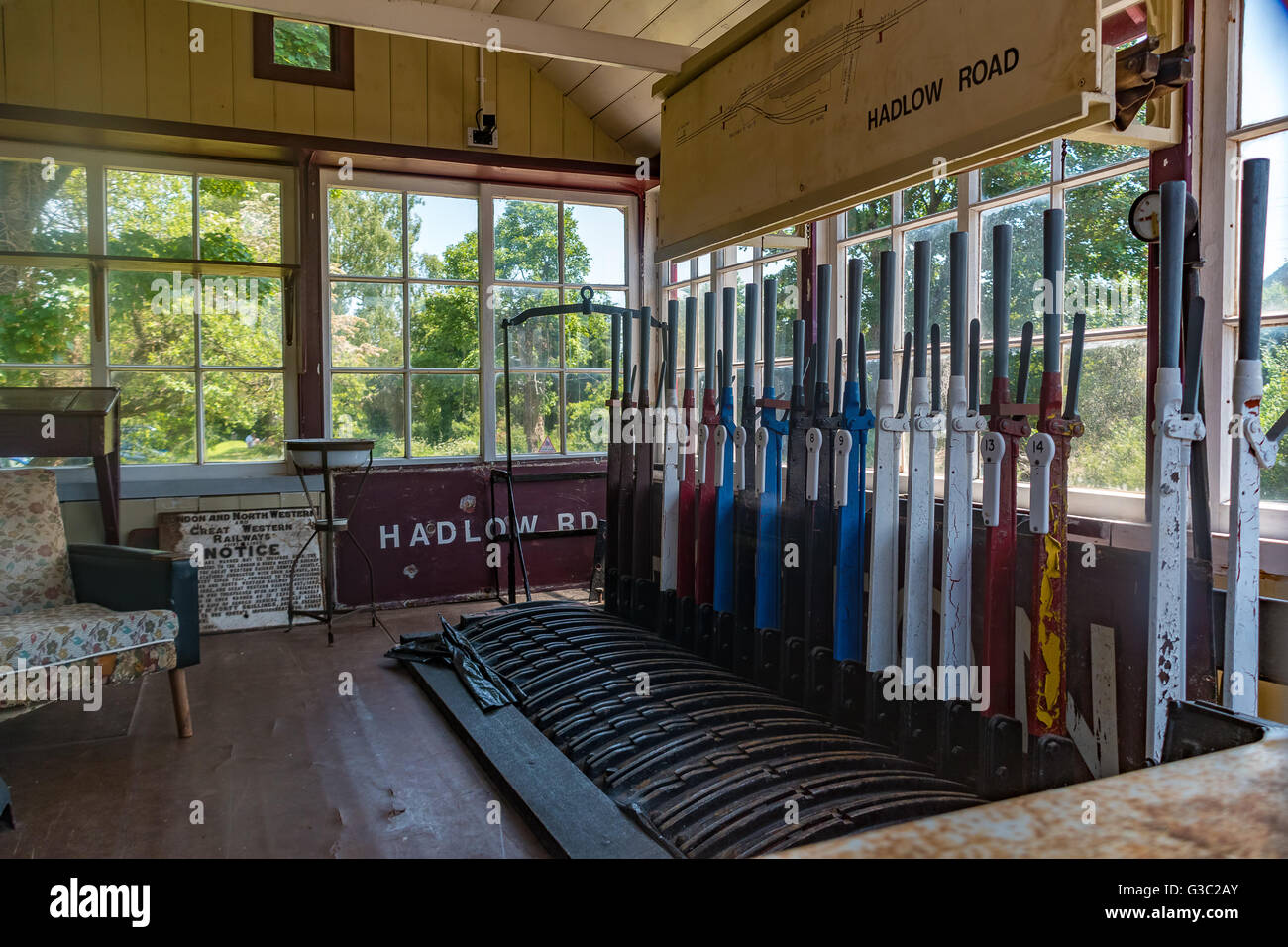 Old style railway signal box control levers Stock Photo