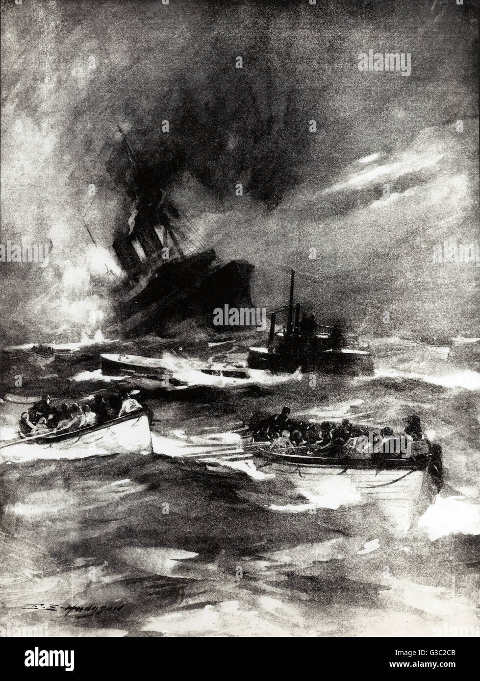 WW1 - RMS Laconia was a Cunard ocean liner torpedoed by SM U-50 while returning from the USA to England with passengers. The first torpedo struck the liner, but did not sink her. Twenty minutes later, a second torpedo exploded. Rescue boats with passenger Stock Photo