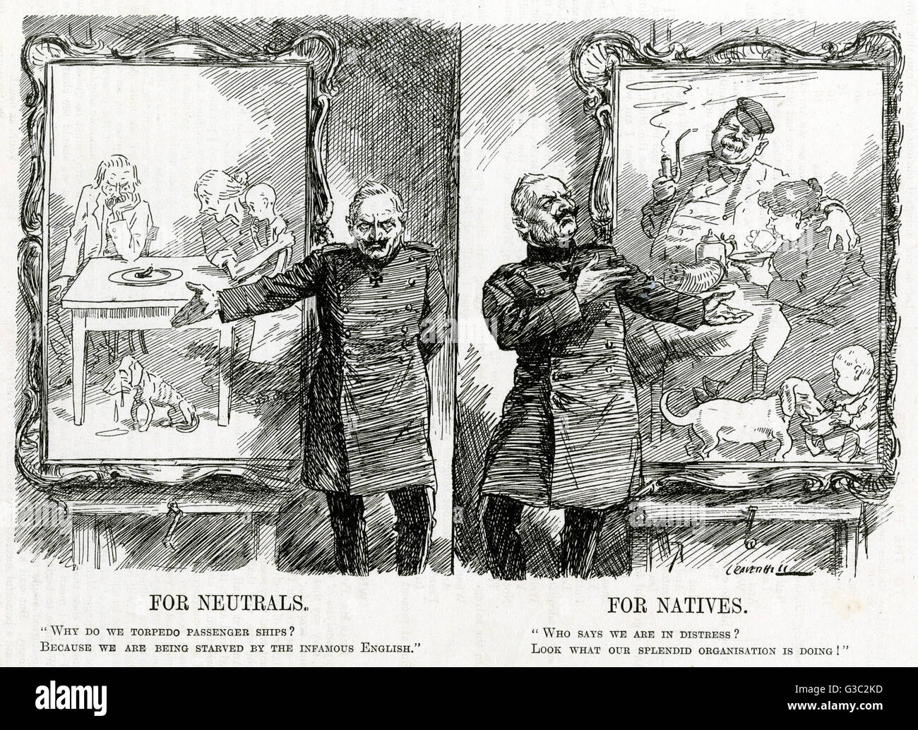 WW1 - Illustrating the two sides of German food supplies for 'Neutrals' and for 'Natives'. The image presents contrasting reflections of Germany's actions concerning food supplies. The images suggesting that food supplies were based on those who remain ne Stock Photo
