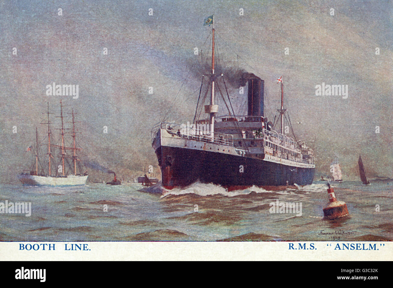 SS Anselm, a British turbine steamship of the Booth Steamship Company. Flying both the English and Brazilian flags - hinting at the standard route of passage for this particular vessel. Converted to a troop ship in 1940 and sunk by a German submarine in 1 Stock Photo