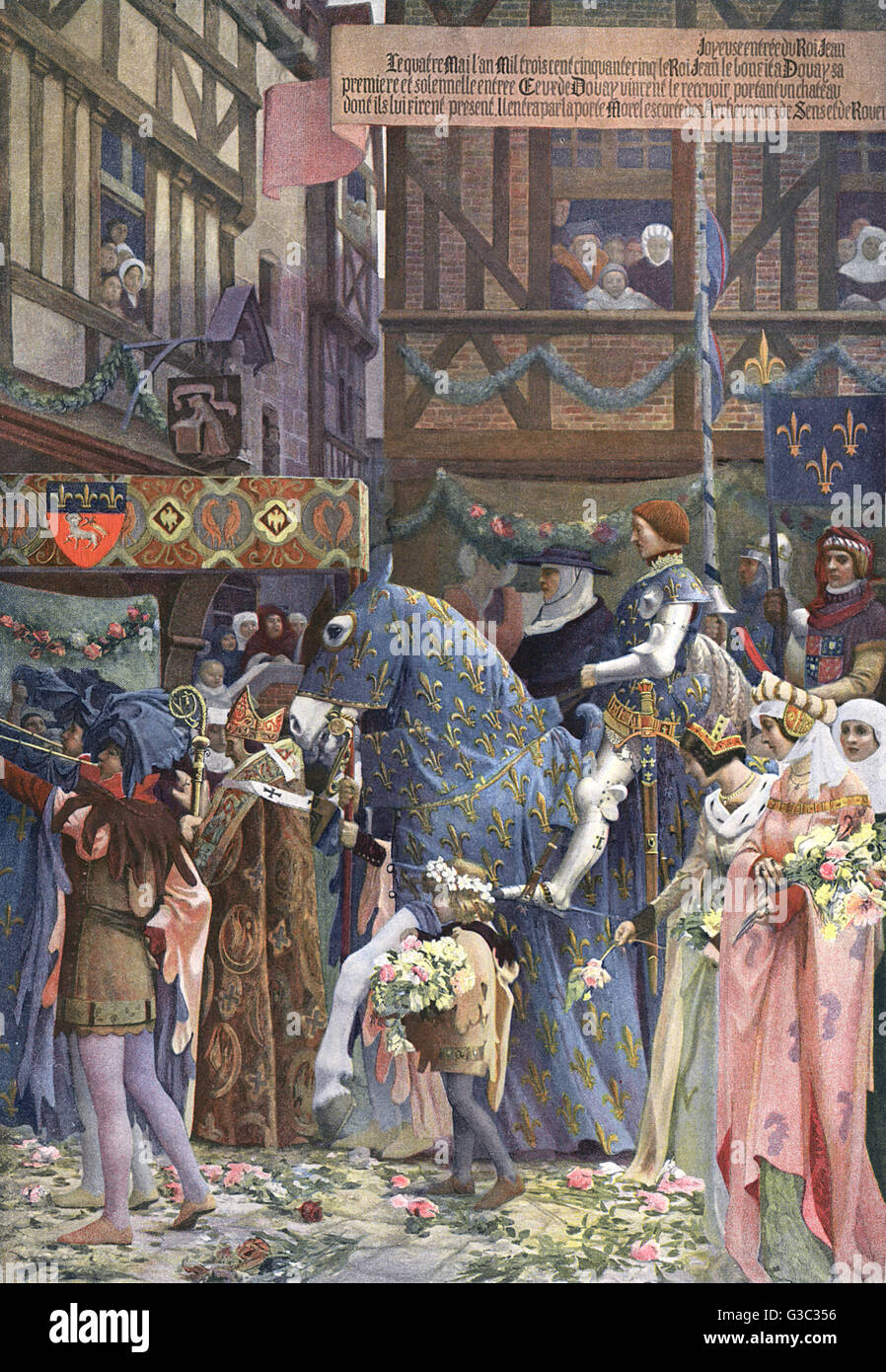 Joyous Entry of King John the Good at Douai, 1355. Part of a panoramic painting by Auguste Fran&#x7be9;s-Marie Gorguet (1862-1927) which he painted between 1914 and 1916.     Date: 1355 Stock Photo