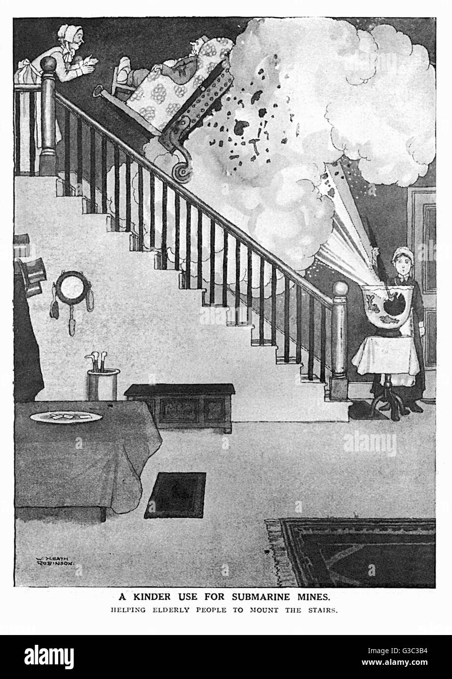 A Kinder Use for Submarine Mines.  Helping Elderly People to Mount the Stairs.  Part of a series with suggestions for how to use up old weaponry after the war had ended by William Heath Robinson, published in the Strand magazine, 1917.     Date: 1915 Stock Photo