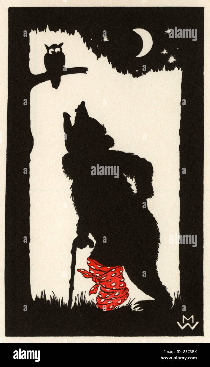 Silhouette Of A Wailing Bear In Pain From A Sore And Bandaged Foot Howling His Angst To The Moon And A Perched Owl Date Circa 1910s Stock Photo Alamy