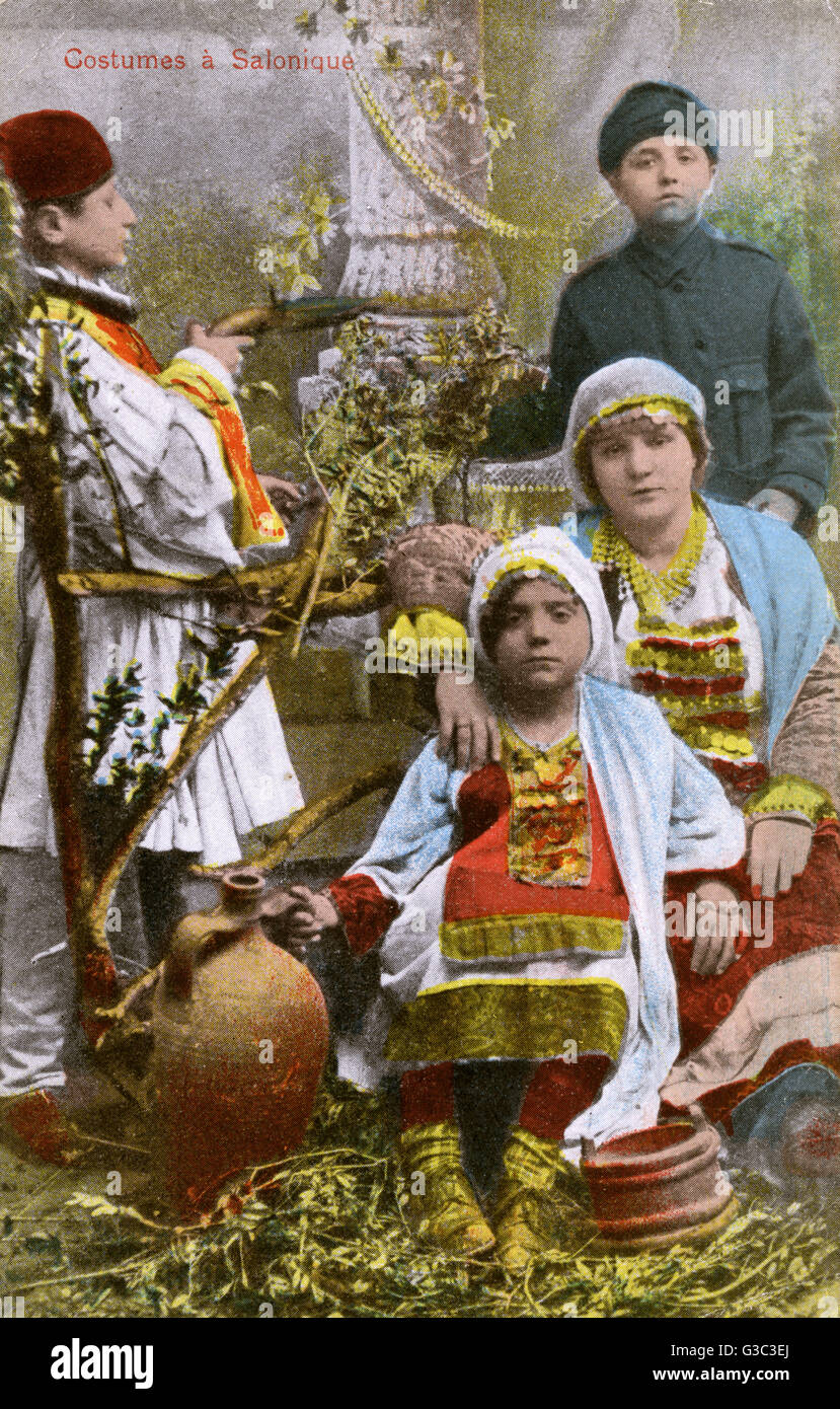 Thessaloniki, Greece - Family in Traditional local costume Stock Photo