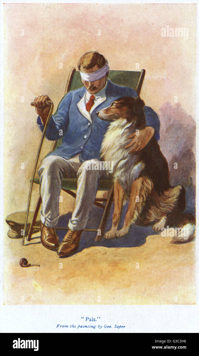 'Pals' by George Soper.  A blinded veteran of the First World War, wearing the blue jacket and red tie of the wounded, sits in a chair accompanied by a loyal looking collie dog.     Date: 1920 Stock Photo