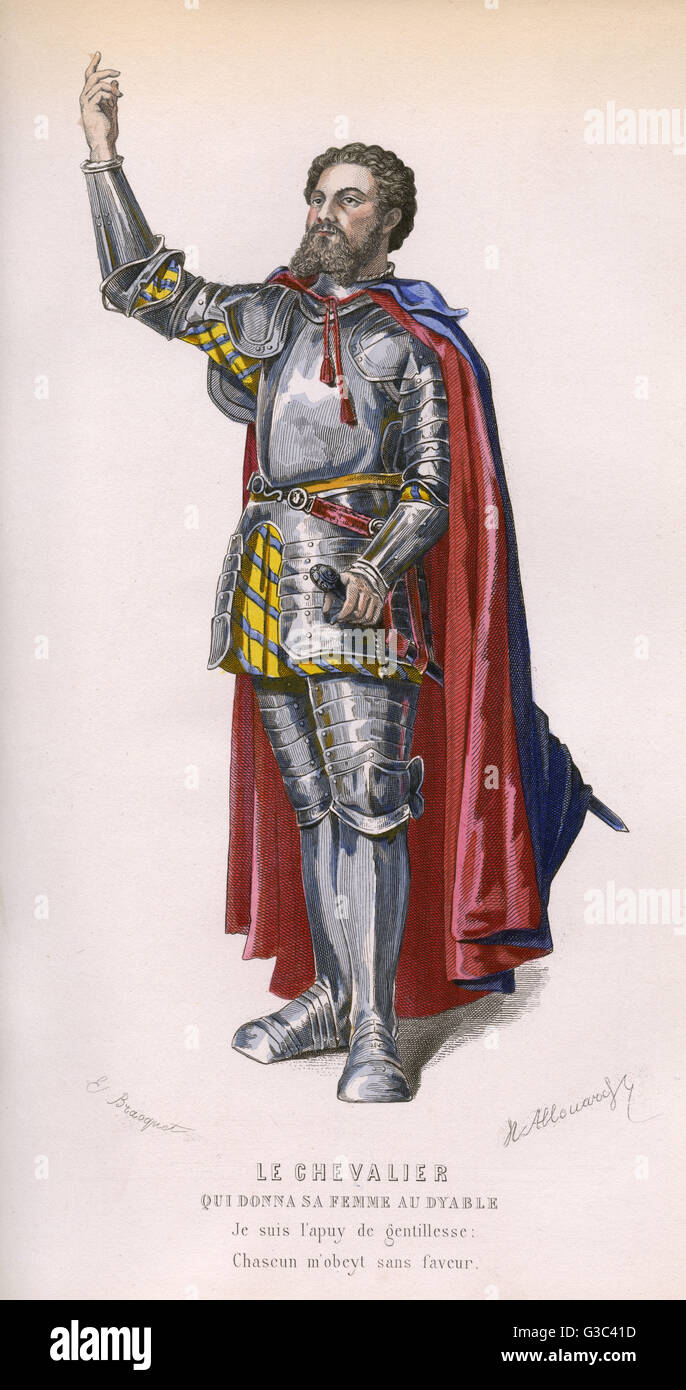 Le Chevalier qui donna sa Femme au Dyable (The Knight who gave his Wife to the Devil) -- a mystery play.  Showing the Knight in armour and a cloak, with his arm raised in a declamatory gesture.      Date: 1505 Stock Photo