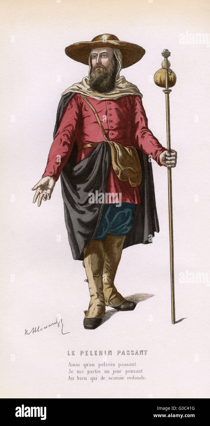 Le Pelerin Passant (The Passing Pilgrim), a monologue by Maistre Pierre Taserye.  Showing a pilgrim in his travelling clothes.      Date: 16th century Stock Photo