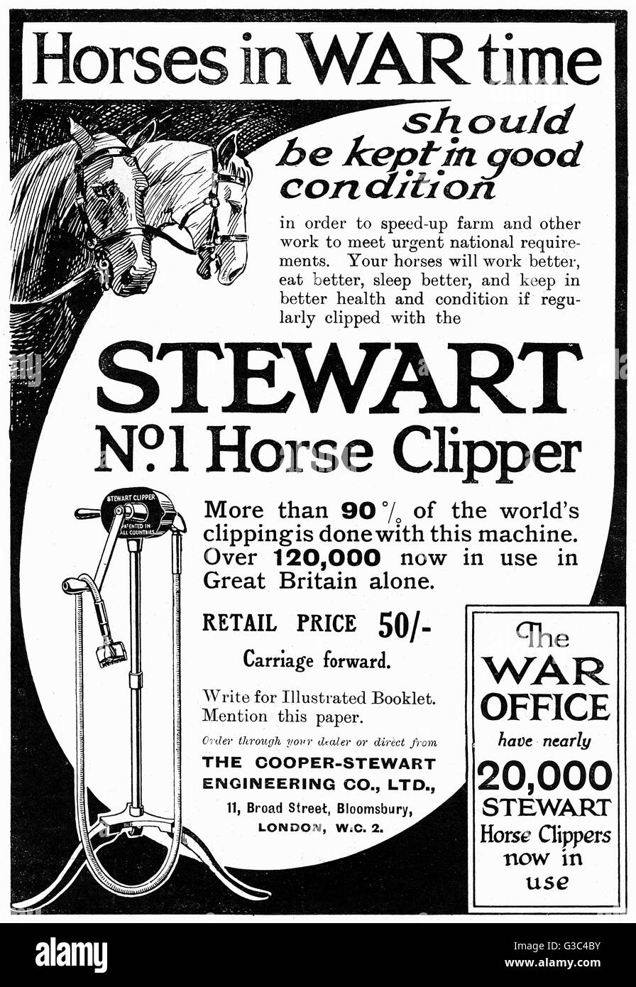Advert for CopperStewart horse clipper 1918 Stock Photo Alamy