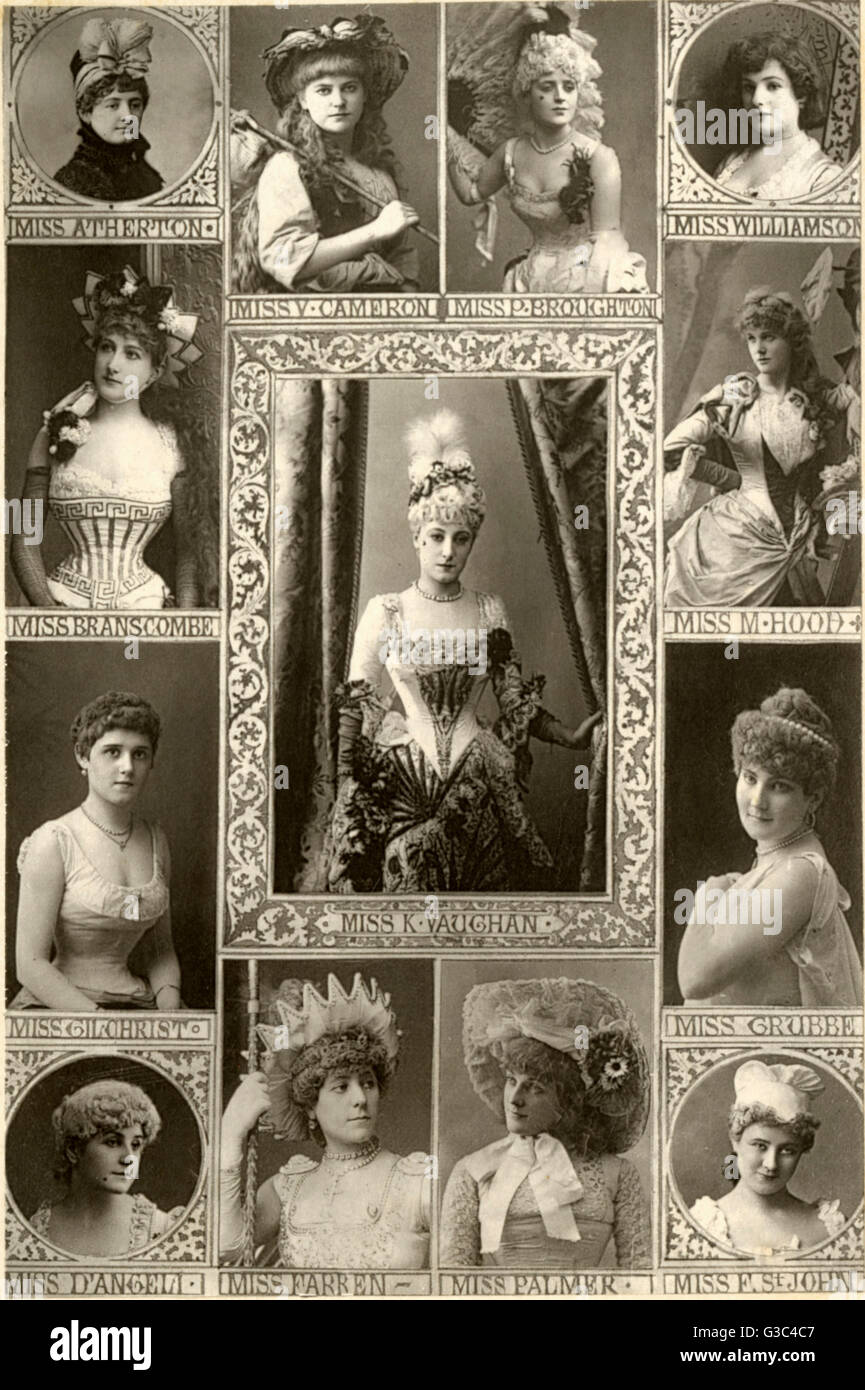 Some leading Actresses of the late Victorian era. (from top left, going clockwise): Miss Alice Atherton (1854-1899), Miss V. Cameron (Violet Lydia Thompson) (1862-1919), Miss Phyllis Broughton (1862-1926), Miss Williamson, Miss Marion Hood (1854-1912) Mis Stock Photo