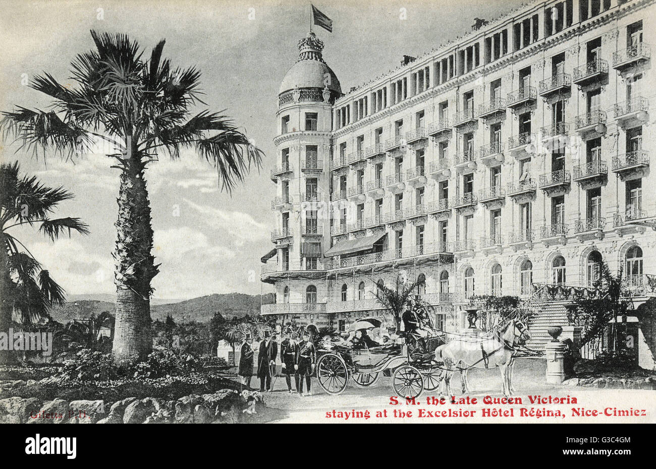 Queen Victoria arriving at her home from home on the Riviera, the Hotel Excelsior, Regina Palace, Cimiez, Nice, France     Date: circa 1901 Stock Photo