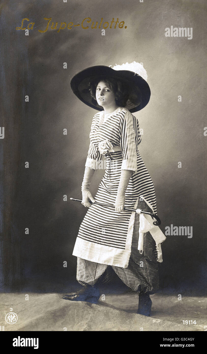 Early 20th century French Fashion - Jupes-Culotte - pretty model in culottes  - voluminous trousers with the appearance of a long skirt, here further  disguised by a striped over-dress (see: 10837693 for