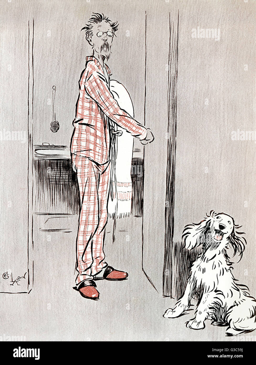 Illustration, The Dogs of War -- Believe me, humans are not very fine fellows then.  Showing a spaniel commenting on his master's unimpressive appearance in his pyjamas.      Date: 1906 Stock Photo
