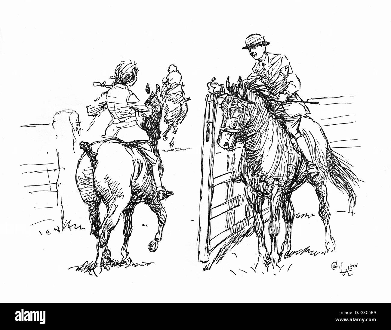 Illustration, riders and ponies at a show Stock Photo