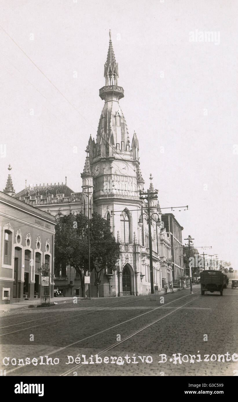 Cultural Centre building in gothic revival style (built 1914), Belo Horizonte, Minas Gerais, Brazil.      Date: circa 1910s Stock Photo