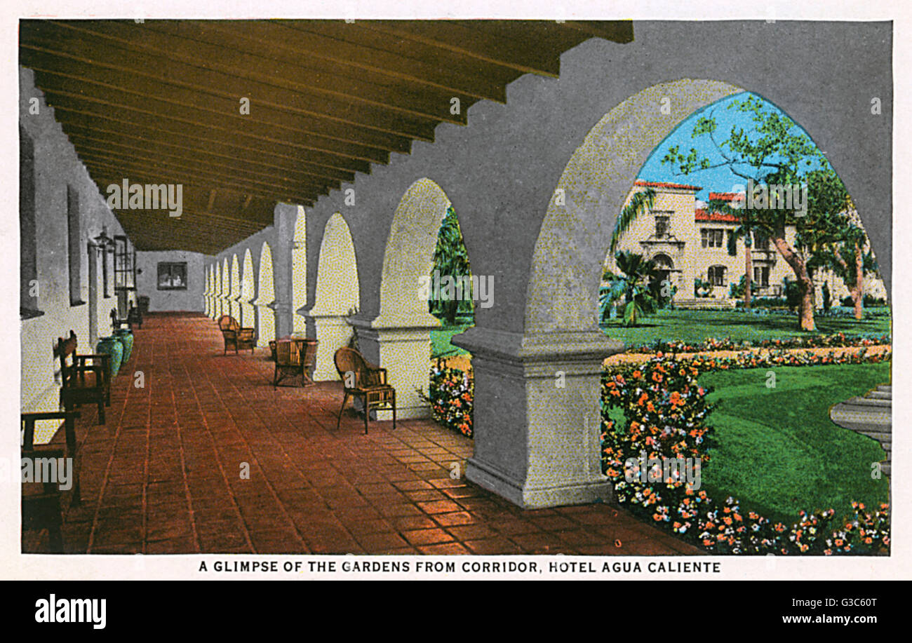 View of the hotel walkway and gardens at Agua Caliente, a popular leisure centre in Tijuana, Mexico.      Date: 1930 Stock Photo