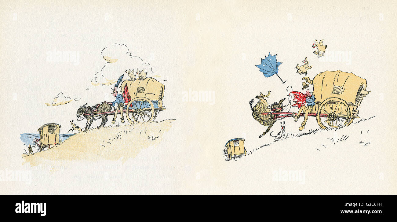 Double page illustration, Mrs Tickler's Caravan, showing what happens when Mr Tickler blows his nose on his new magic handkerchief -- it even proves useful in getting the stubborn donkey, Dumpy, moving.      Date: 1934 Stock Photo