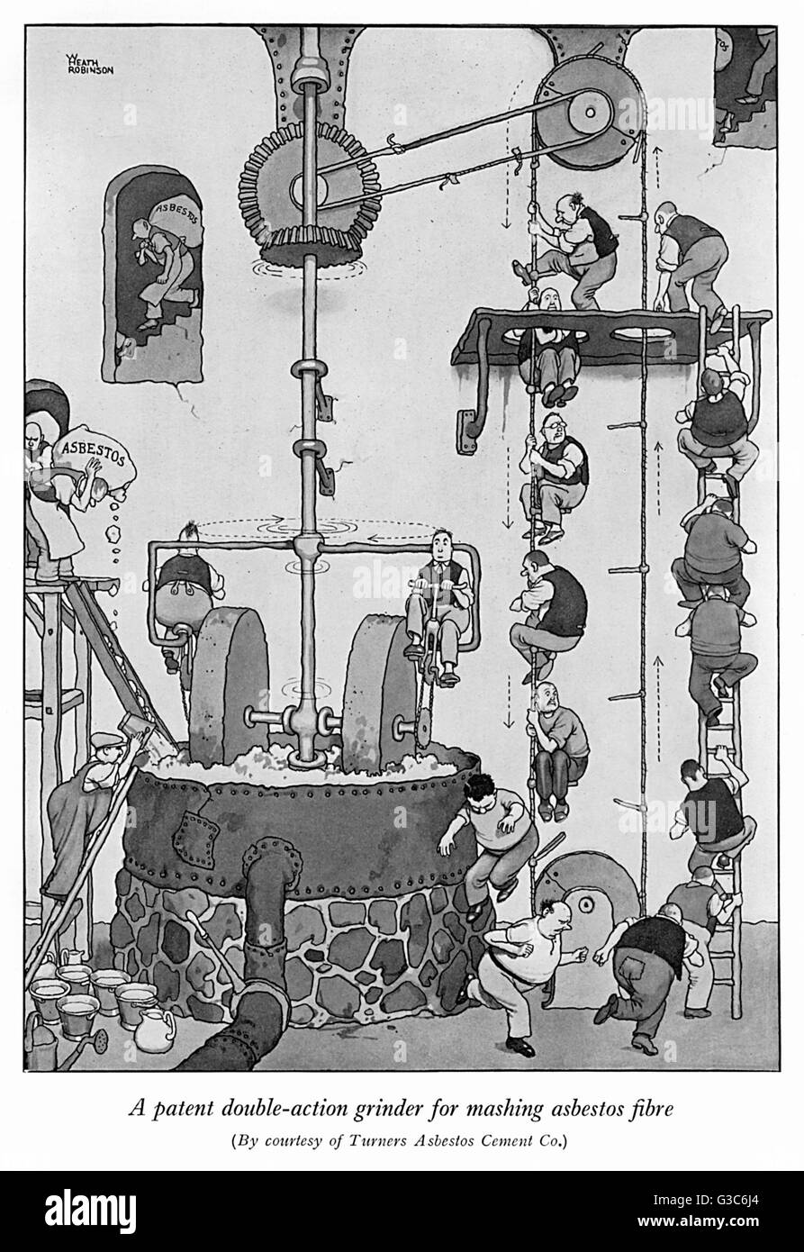 A patent double-action grinder for mashing asbestos fibre - a drawing done for Turners Asbestos Cement Co by William Heath Robinson, renowned for his machines and convoluted contraptions.     Date: c.1925 Stock Photo